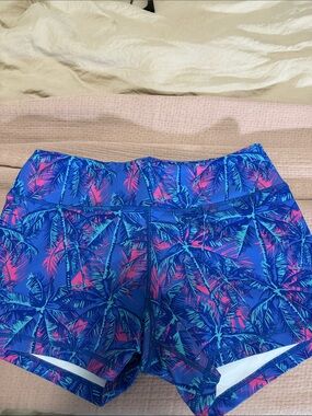 Born Primitive Blue Tropical Palm Athletic Shorts with Pink Accents